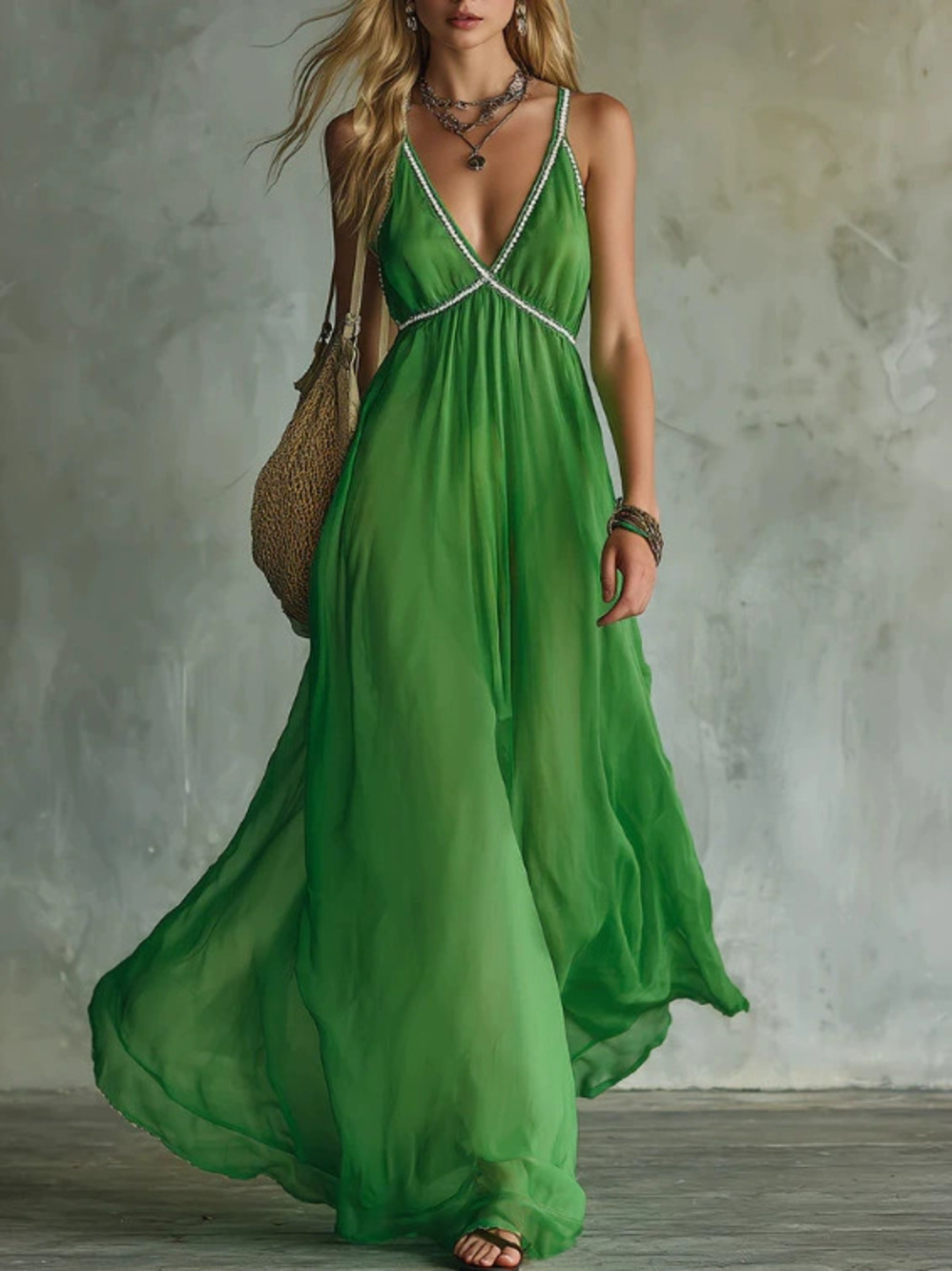 H&M   Elegant Casual V Neck Sleeveless A Line Solid Chiffon Maxi Dress